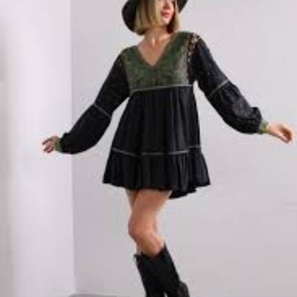 🌸Free People Much Love Balloon Sleeve Embroidered Crochet tunic Top dress XS - Picture 2 of 10